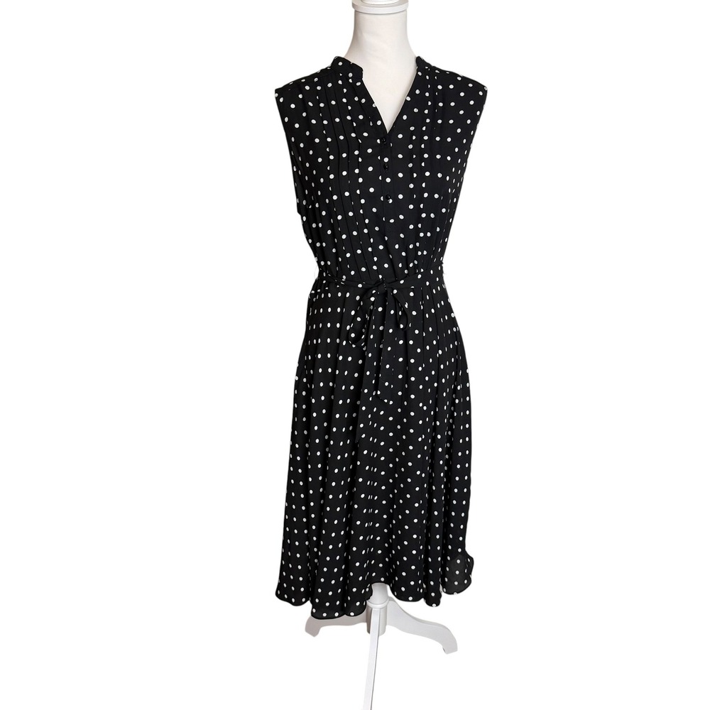 Nanette Lepore Womens 14 Polka Dot Pleated Sleeveless Midi Dress Black White